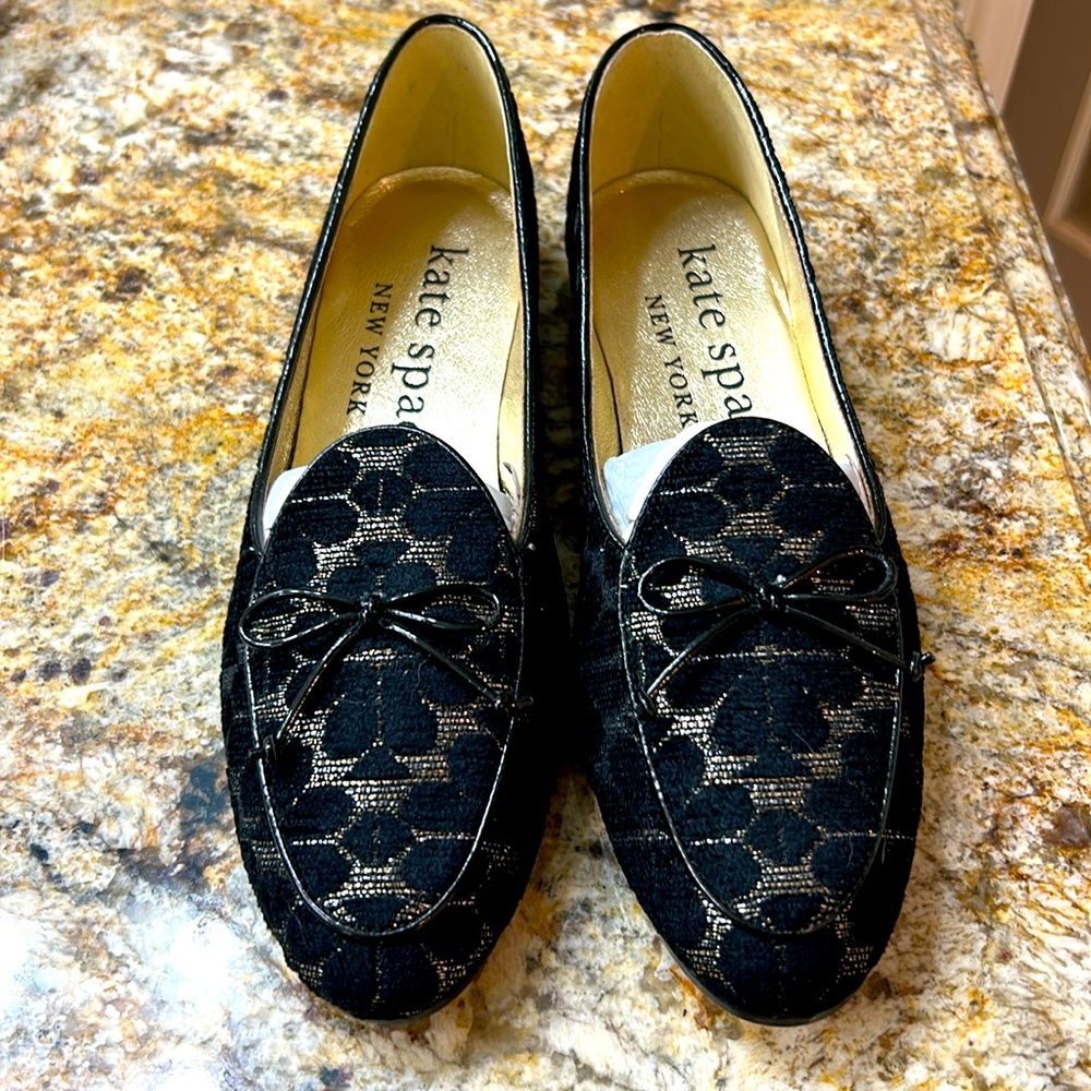 Kate Spade Black and Gold Loafers, 6.5